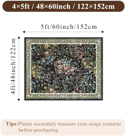 4x5 Washable Entryway Area Rug: Non Slip Floral Washable Entry Rug Living Room Area Rug for Indoor Floor Kitchen Bedroom - Soft Thin Door Mat Carpet Boho Vintage Home Decor (4'x5', Black) - Image 2