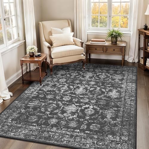 4x5 Washable Bedroom Area Rug Non-Slip Vintage Black Throw Carpet by HOME