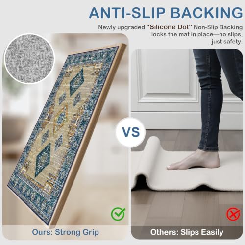 Kitchen Rugs Sets of 3 Non Slip Washable Kitchen Mats for Floor, Tan Blue - Image 3