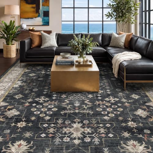 Boho Dining Room Rugs for Under Table - 6x9 Washable Black Area Rug For Living Room, Low Pile Non-Slip Rugs for Bedroom, Office - Charming Farmhouse Decor & Stain Resistance (6x9 Black/Multi) - Image 3