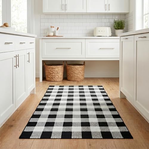 Black and White Buffalo Plaid Rug 4’x 6’, Halloween Door Mat, Washable Layering Rug for Front Door Entryway Porch Indoor Outdoor - Image 3
