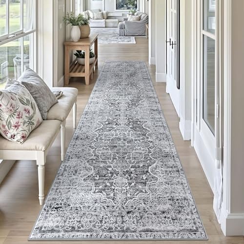 KUTA Vintage Kitchen Runner 2.6x10 Blue White Washable Hallway Rugs - Image 4
