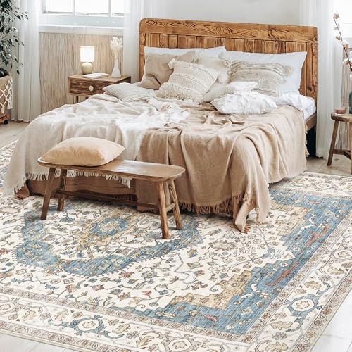 Vintage 7x9 Rugs for Living Room Washable Area Rug Blue/Beige - Image 6