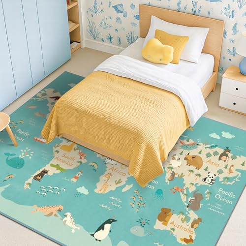 Huge Kids Rugs for Playroom Décor - 9x12 Boho Pastel Classroom Décor for Children, Washable Ultra Soft World Map Carpet with Blue Ocean, Continents & Cute Animals - Image 3