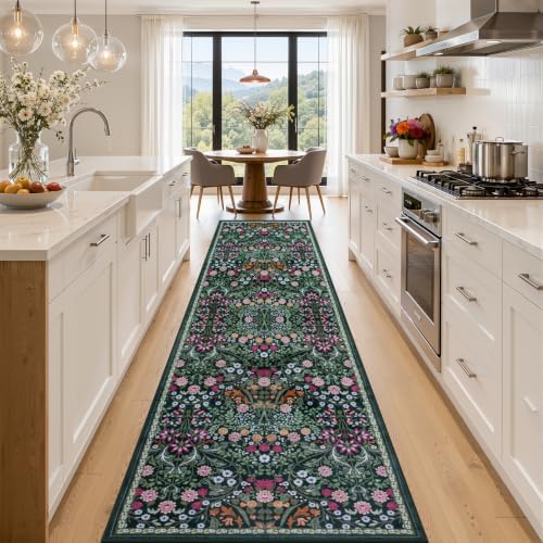 PLHXFR 2.6x14 Washable Runner Rug：Floral Indoor Kitchen Carpet Dark Green by PLHXFRSoftAreaRugs