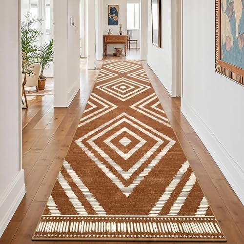 Boho Hallway Runner Rugs 2.6x14ft Non Slip, Long Brown Washable Entryway Rug Runners Non Shedding, Geometric Kitchen Floor Carpets for Doorway Entrance Farmhouse Living Room Home Decor by Geanlod