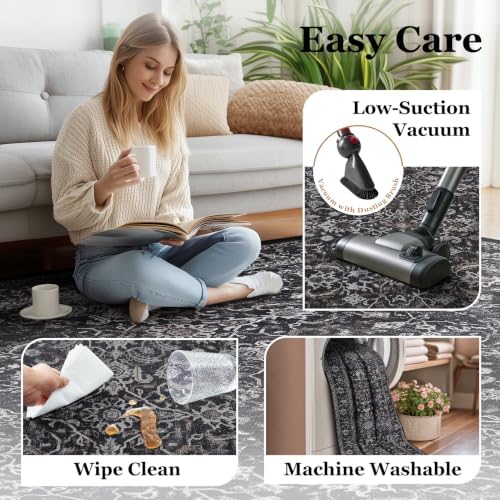 Vintage Dark 7x9 Rugs for Bedroom, Washable Non Slip Low Pile Thin Area Rug for Living Room Dining Room, Farmhouse Carpet Rug for Playroom Guest Room Home Office, Farmhouse Distressed Midnight - Image 5