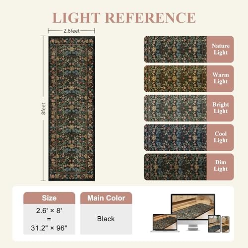 DUKINO 2.6x8 Runner Rug, Washable Vintage Floral Kitchen Rug, Black - Image 2
