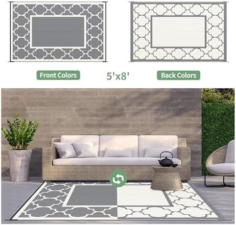 GENIMO Outdoor Rug, Waterproof Plastic Rugs for Patio, 5'x8' Grey White - Image 4
