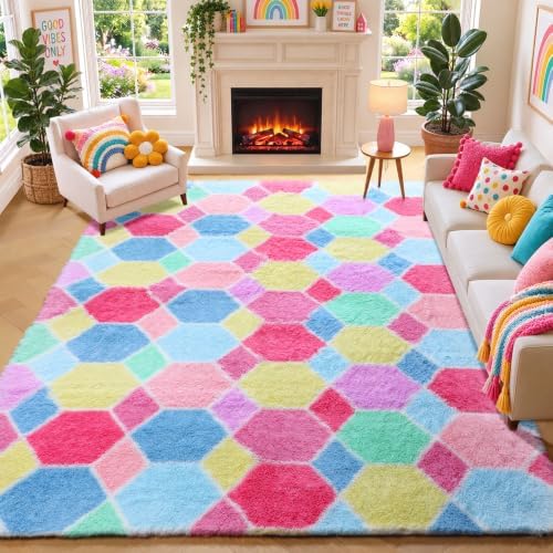 Checkered Pink Rainbow Area Rugs, Fluffy 5x8 Geometric Rug for Girl Bedroom by ONASAR