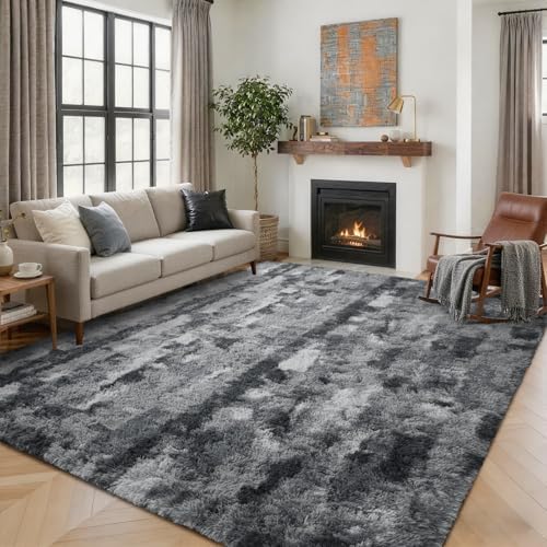 5x7 Ft Area Rugs for Living Room, Grey and White Plush Fluffy Shaggy Bedroom Rugs Non-Slip, Ultra Soft Carpet for Nursery Kids PlayRoom Dorm Office Indoor by Lo%CC%80utiRootHome