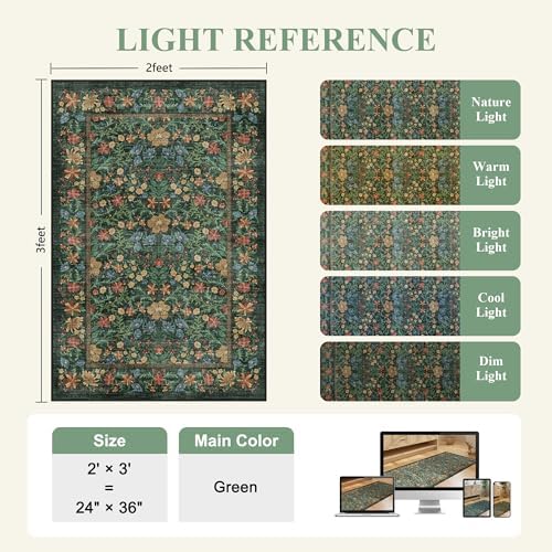 DUKINO 2x3 Entryway Rug, Washable Vintage Floral Area Rug, Green - Image 2