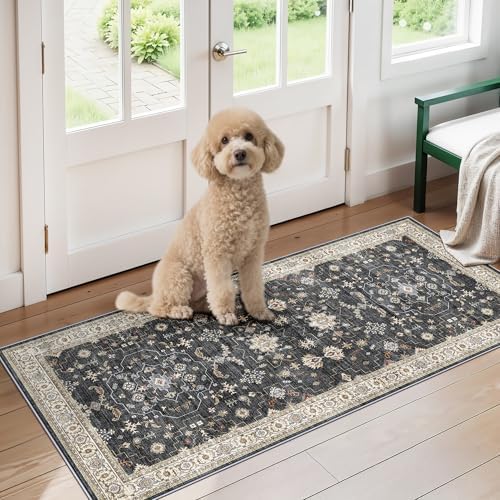 RUUGME 2x4 Entryway Runner Rugs: Non-Slip Washable Small Runners for Kitchen Vintage Low Pile Carpet for Indoor Entrance Hallway Soft Thin Stain Resistant DoorMat for Bathroom Bedroom(Black/Multi,2x4) by RUUGME