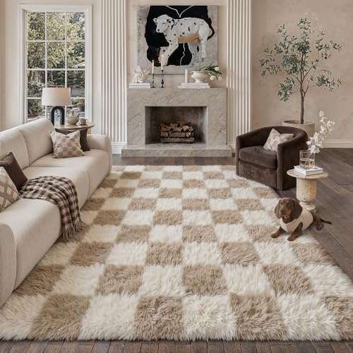 PureCozy Beige 7x10 Area Rug for Living Room Soft Checkered Shag Carpet by PureCozy