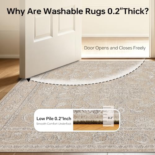 RCTJHOME 4x6 Beige Grey Vintage Floral Washable Area Rug Non-Slip Carpet - Image 6