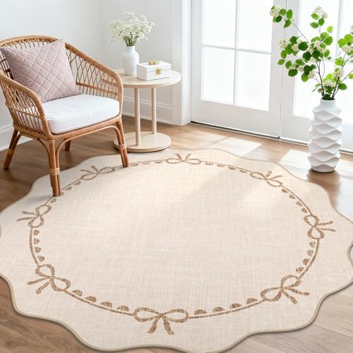 GarveeHome 6ft Round Rugs Washable Scalloped Bow Rug for Bedroom, Beige by GarveeHome