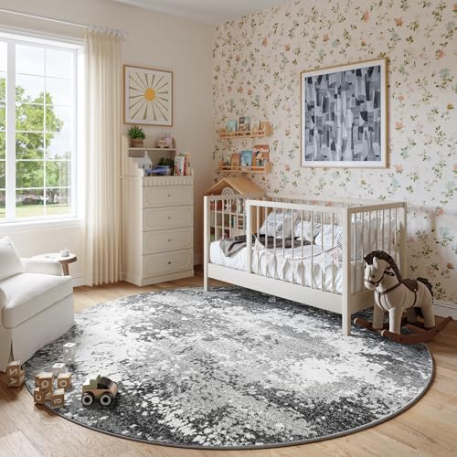 Round Area Rugs 6ft Washable Grey Circle Rug for Entryway Kitchen, Non Slip Soft Low Pile Stain Resistant, Boho Circular Carpet for Living Room Bedroom Dorm Dining Room Table, Abstract Gray - Image 4