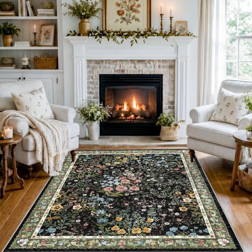 4x5 Washable Entryway Area Rug: Non Slip Floral Washable Entry Rug Living Room Area Rug for Indoor Floor Kitchen Bedroom - Soft Thin Door Mat Carpet Boho Vintage Home Decor (4'x5', Black) - Image 3