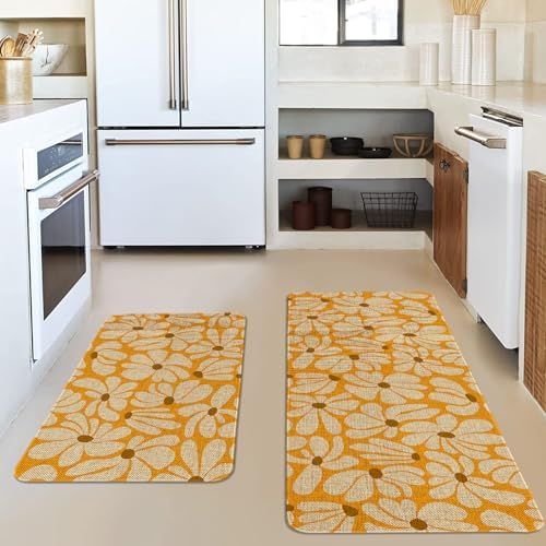 Spring Daisy Floral Kitchen Mats Decor, Yellow Retro Groovy Flower Power Kitchen Rugs Sets of 2, Vintage 1970s Floral Rug Home Decorations Indoor - Image 2