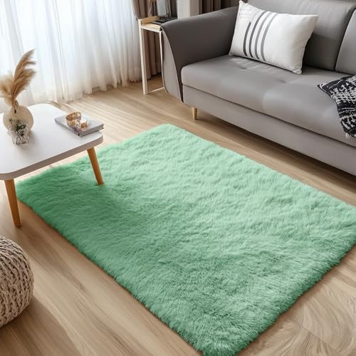 OLANLY 3x5 Machine Washable Small Bedside Rug, Soft Fluffy Shaggy Rugs for Living Room, Bedroom, Indoor Floor Carpet for Kids Girls and Boys, Preppy Dorms, Nursery, Home Decor Aesthetic, Mint Green - Image 3