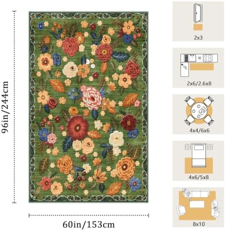 Washable 5x8 Area Rug, Green Boho Floral Non-Slip for Living Room, Bedroom - Image 2