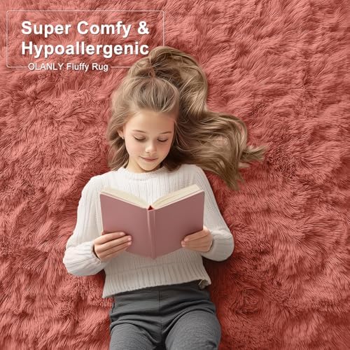 OLANLY 8x10 Machine Washable Large Area Rugs for Living Room, Bedroom, Soft Fluffy Shaggy Bedside Rug, Indoor Floor Carpet for Kids Girls and Boys, Dorms, Nursery, Home Decor Aesthetic, Rust Red - Image 6