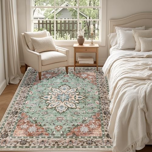 4x6 Area Rugs Living Room: Washable Rug for Bedroom Brown Green - Image 3