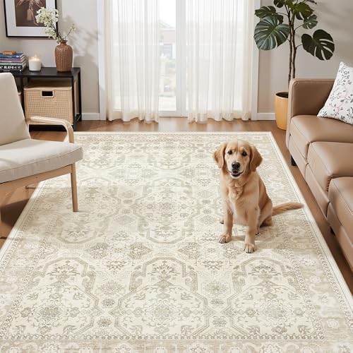 Soalmost 4x6 Area Rug for Living Room, Washable Rugs Non-Slip, Beige/Brown - Image 2