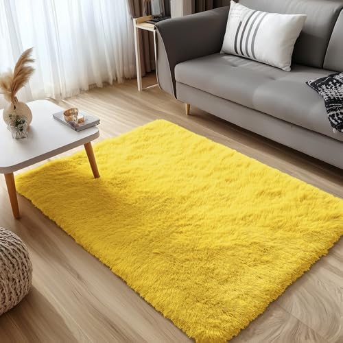 OLANLY 3x5 Machine Washable Small Bedside Rug, Soft Fluffy Shaggy Rugs for Living Room, Bedroom, Indoor Floor Carpet for Kids Girls and Boys, Preppy Dorms, Nursery, Home Decor Aesthetic, Yellow - Image 3