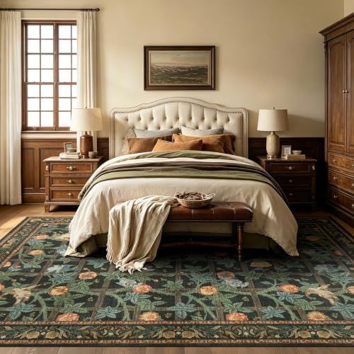 9x12 Washable Area Rug, Green Floral Vintage Rug for Living Room Bedroom - Image 4