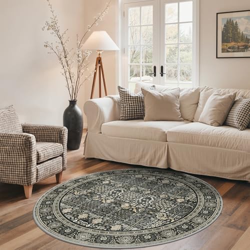 Bavni 5 Ft Washable Round Area Rug Non Slip for Living Room, Black - Image 2