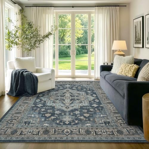 5x7 Ft Area Rugs for Living Room, Soft Non-Slip Machine Washable Rug, Vintage Stain Resistant Carpets for Bedroom Nursery Dining Room Home Decor (Blue) - Image 2