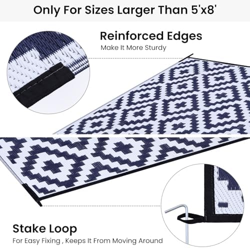 Smiry Outdoor Rug 9x12 ft Waterproof Reversible Boho Mat, White & Navy - Image 4