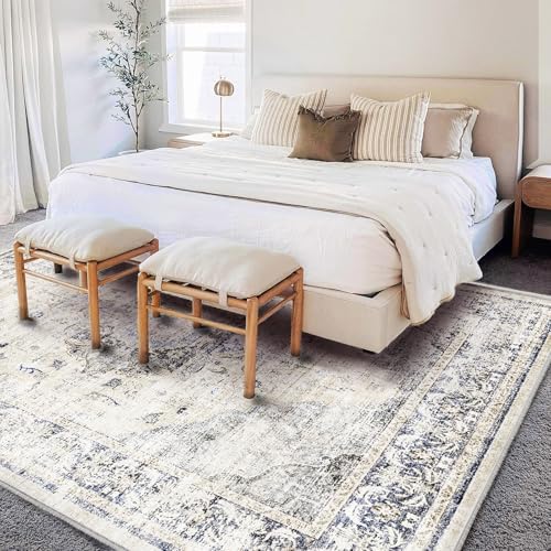 CHAMPLANT Washable Area Rug 9'x12' Floral Blue Boho Design Non-Shedding Easy Care Ideal for High Traffic Areas in Living Room Bedroom Office Coffee Table Kitchen Large Carpet - Image 2