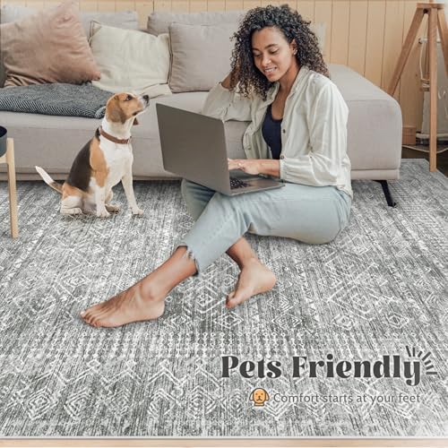 Living Room Rugs 8x10: Washable Moroccan Geometric Boho Rug Farmhouse Non Slip Stain Resistant Large Rug Low Pile Soft Carpet for Bedroom Dining Room Children Room (Grey,8'x10') - Image 5