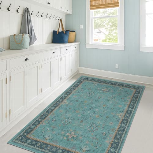 Washable Teal Rugs for Entryway Indoor - 3x5 Throw Rug for Large Kitchen, Bedroom Bedside, Bathroom, Mudroom, Boho Turquoise Modern Décor, Non Slip Low Pile Fade Resistant by HazoHaus