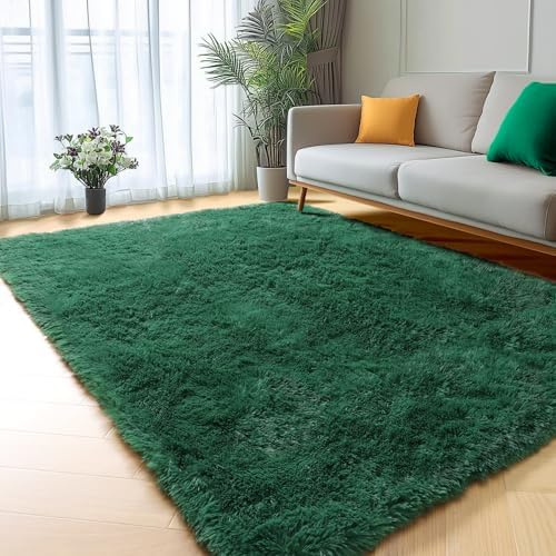 Dark Green Area Rugs for Bedroom Living Room, 4x6 Fluffy Bedside Throw Rug by ONASAR