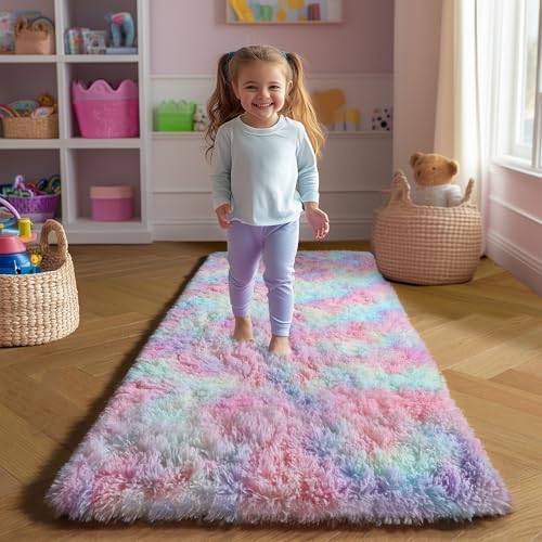 Amdrebio Rainbow Unicorn Pastel Shag Runner Area Rug 2x6 for Girls Bedroom - Image 3