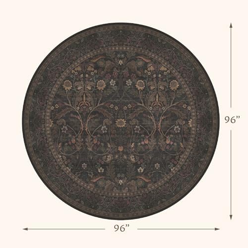 Washable 8ft Large Round Area Rug for Living Room, Black and Brown Moody Floral Circle Carpet, Cottagecore Aesthetic Floor Rug for Bedroom, Non-Slip Stain Resistant Carpet for Dining Room - Image 2