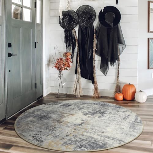 Lahome Modern Abstract Round Rug - 4Ft Grey Small Bathroom Rug Indoor 4x4 Circle Rugs Washable Kitchen Mat, Non Slip Contemporary Bedroom Carpet for Living Dining Room Office Nursery - Image 3
