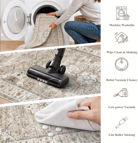 4 Piece Kitchen Rug Set Non-Slip: Washable Boho Kitchen Mats for Floor Soft Low Pile Carpet Runner for Sink,Entryway,Hallway - Vintage Thin Small Throw Rugs for Bathroom(Beige/Brown,2x3+2x4+2x5+2x6) - Image 6