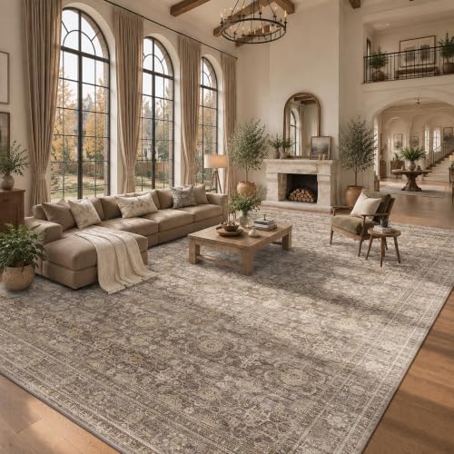 JOOJA 10x14 Neutral Tan Vintage Moody Non Slip Washable Boho Retro Area Rug by JOOJA