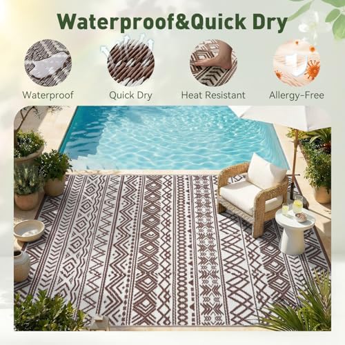 MontVoo Outdoor Rug Carpet Waterproof 5x8 Outdoor Patio Rug Mat Reverisble Plastic Straw Outdoor Rug for RV Camping Picnic Beach Balcony Boho Beige Brown - Image 4