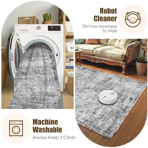 Washable Area Rug 3' x 5 ' Vintage Traditional Persian Mat - Foldable Distressed Non-Slip Machine Washable Carpet for Living Room Bedroom Kitchen Home Decor - Graphite and Mist - Image 7