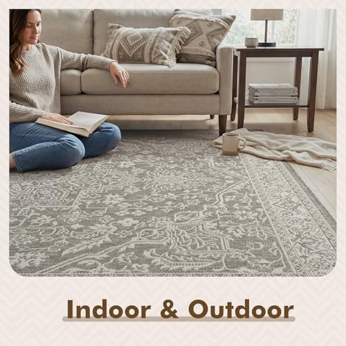 MontVoo-Outdoor Rug-Patio Rug 5x7 ft Polypropylene Indoor Outdoor Rugs Carpet for Patio Deck Balcony Porch, Textured Weave, Durable for High Traffic, Fade-Resistant, Vintage Medallion Silver Grey - Image 2