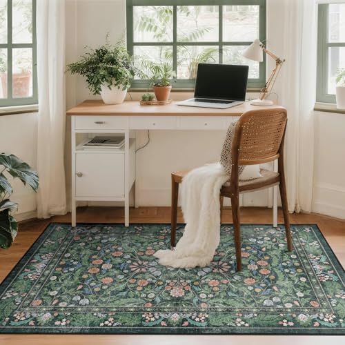Floral Indoor Entrance 3x5 Area Rug, Washable Vintage Boho Entryway Rugs, Low Pile Non Slip Soft Carpet for Kitchen, Bedroom Beside, Laundry Room, Office Rug, Kids Room, Nursery Room， Green - Image 3