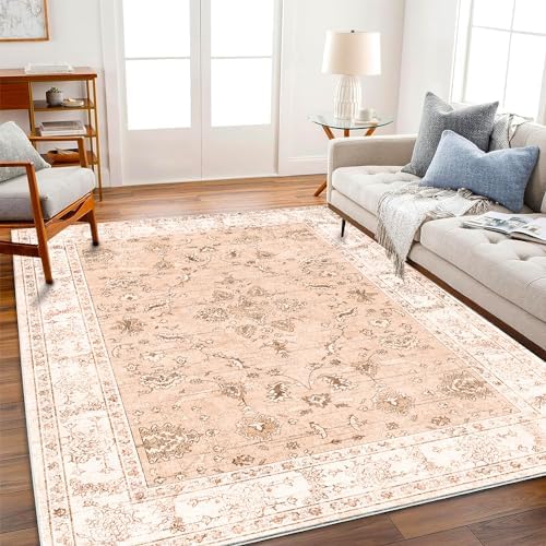 CHAMPLANT Area Rug 6x9 Washable Rug Tangerine Vintage Traditional Floor Cover Thin Retro Kitchen Indoor Distressed Non Slip Carpet Floral Print Mat Living Room Bedroom Dining Room by CHAMPLANT