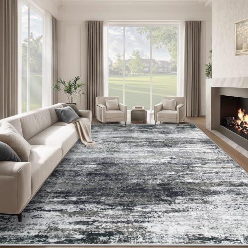 Washable Rug 9x12 Area Rugs for Living Room: Large Neutral Soft Rug Abstract Non Slip Low Pile Modern Carpet for Bedroom Kitchen Nursery Office Dining Room Indoor (Black, 9'x12') by LOSBULAKE