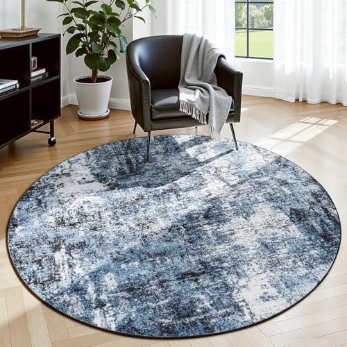 Rugflix Round Area Rugs 4Ft for Living Room, Washable Navy Blue Circle Rug by RugflixAreaRugs