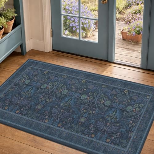 Washable 2x4 Entryway Rugs, Oriental Floral Small Blue Kitchen Rugs, Thin Bathroom Rugs Fit Under Door, Low Pile & Soft Carpet for Mudroom, Bedside by Evyhood